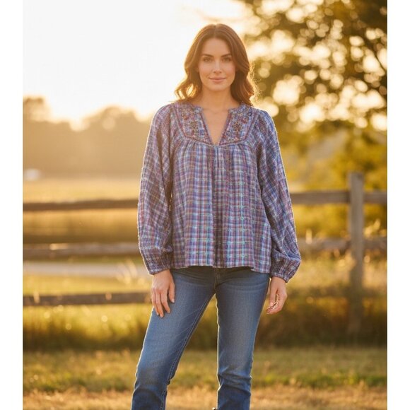 Sundance Tops - Sundance Peasant Embroidered Top Women Small Blue Plaid Puff Sleeves Boho Dainty
